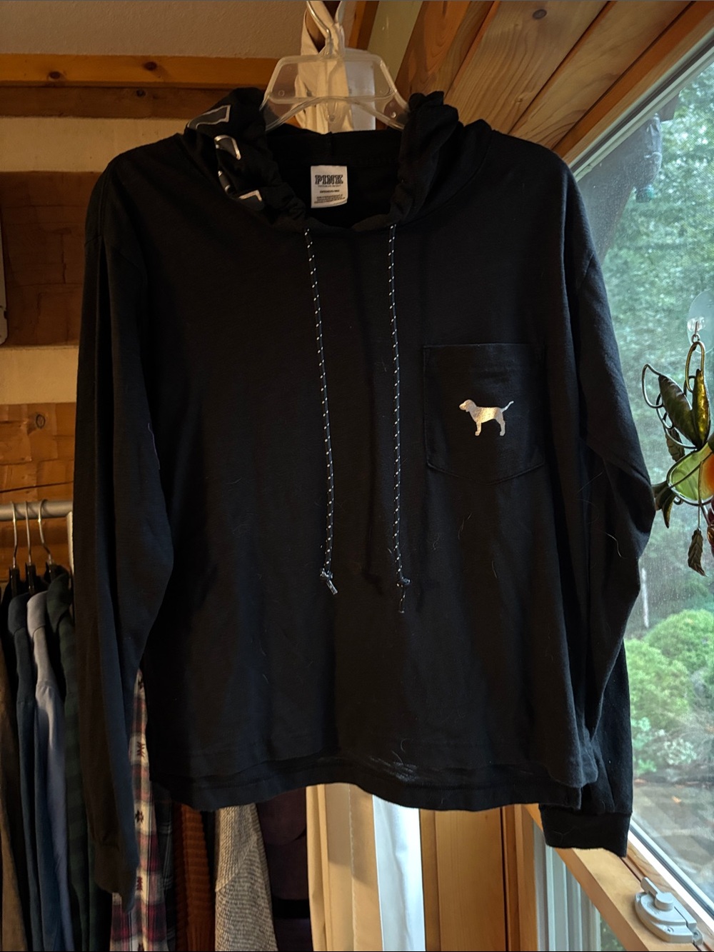 PINK Victoria's Secret Black Long-Sleeve Pocket Hoodie with Dog Logo